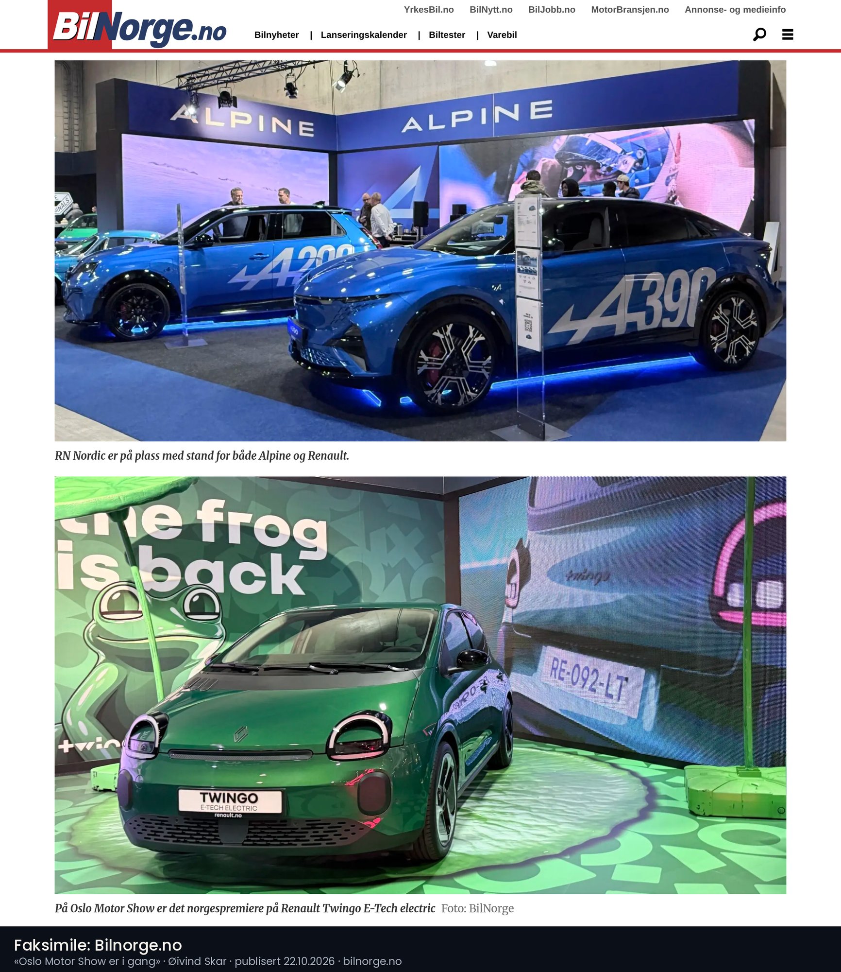 Faksimile fra Bilnorge.no av Alpine- og Renault-standen på Oslo Motor Show